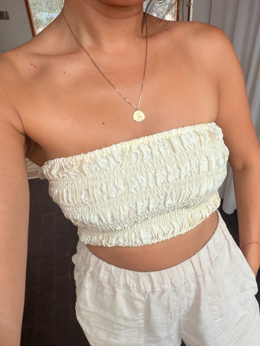 Enza Costa Cream Smocked Strapless Crop Top